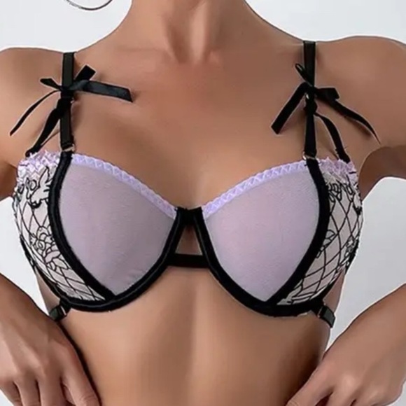 IZA 2pc Sexy Bunny Black & Lilac Purple Sheer Unlined Mesh Satin Bra & Thong Set - Picture 5 of 16